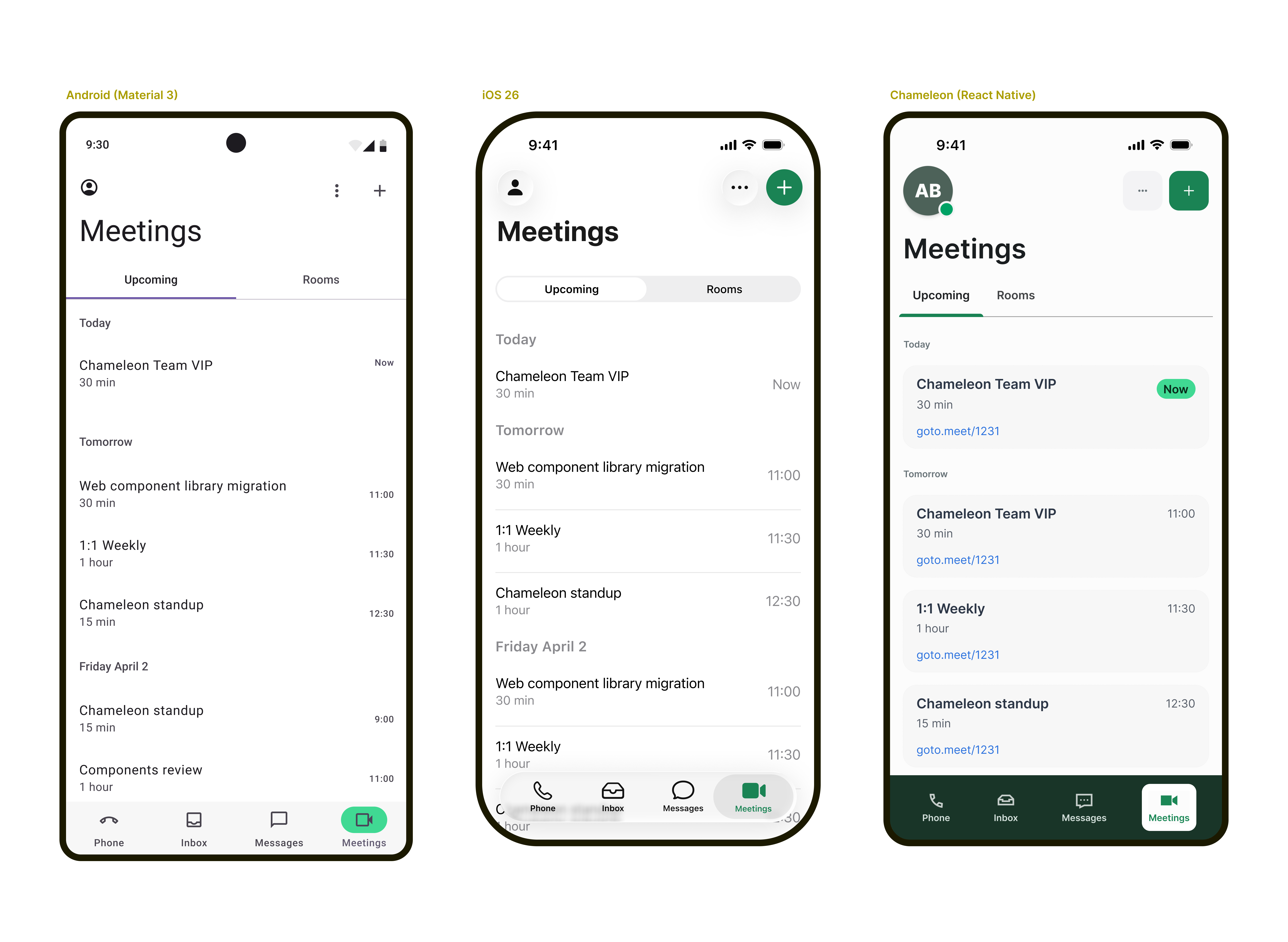 Three mobile devices show the meetings interface in Material 3, iOS 26 and Chameleon components